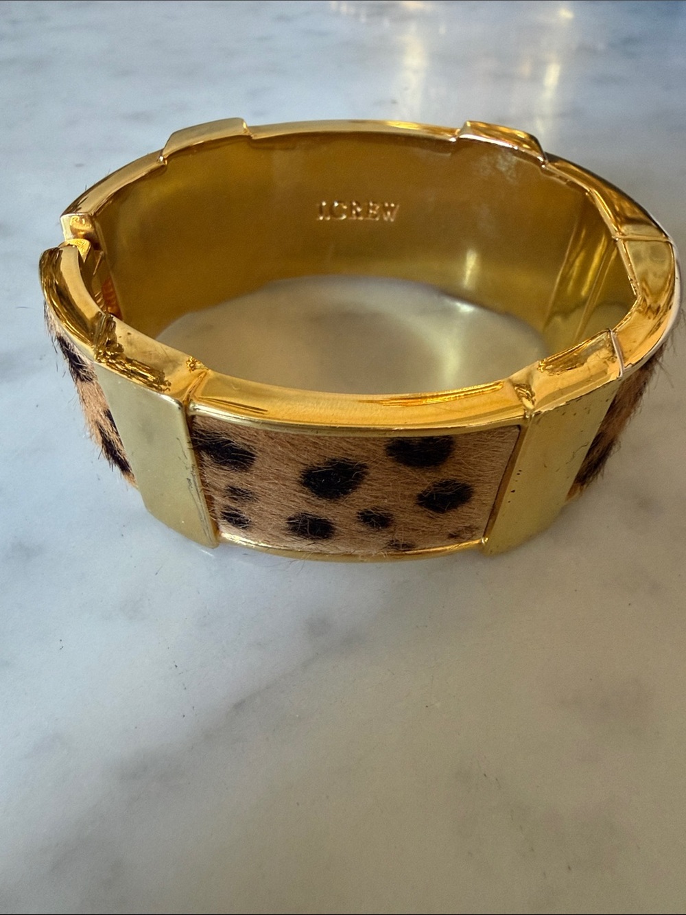 J. CREW Gold-Tone Cuff Bracelet Leopard Animal Print Haircalf Panel Brown Tan